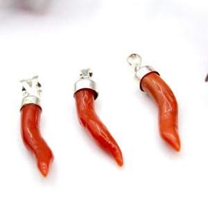 3 Pieces Lot, Mediterranean Red Coral Horn, Sterling Silver 925, Horn Pendant, Natural Coral Pendant, High Quality Pendant, Mother Gift