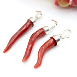 Mediterranean Coral Horns, 3 Pieces Red Coral Horns, Sterling Silver 925, Horns Pendant, Natural Coral Pendant, Good Quality, Mother, Gift