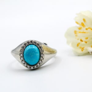 Arizona Turquoise  Ring, Sterling Silver 925, Zircon Ring, Handmade Ring, Natural Gemstone Ring, Oval Shape, Men Women Birthstone Adjustable