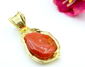 Natural Mediterranean Coral Pendant, Gold Plated Sterling silver 925 Pendant, Handmade Pendant, Birthstone Italian Coral, Christmas Gift