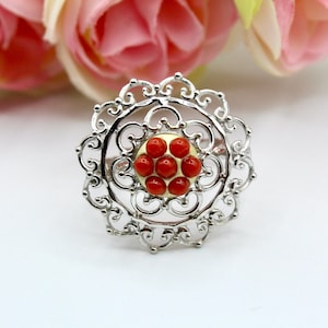 Natural Coral Beads Ring, Sterling Silver 925, Mediterranean Coral Ring, Adjustable Ring, Handmade Ring, Coral Ring  Birthstone Ring, Gift