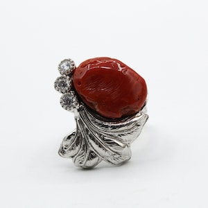 Floral Ring, Sterling Silver 925, Mediterranean Coral Ring, Handmade Ring, Natural Red Coral Ring, Men Women gift Birthstone Adjustable Ring