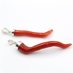 2 Pieces Red Coral Long Horns, Mediterranean Coral Horns, Sterling Silver 925, Horns Pendant, Natural Coral Pendant High Quality Coral Horns