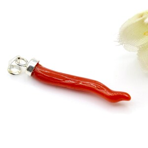 Red Coral Long Horns, Mediterranean Coral Horns, Sterling Silver 925, Horns Pendant, Natural Coral Pendant, December Birthstone, Long Horns