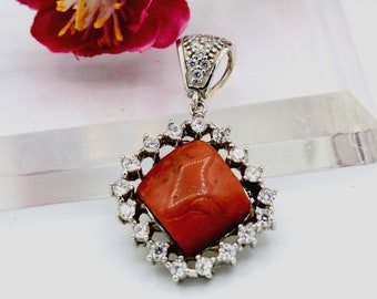 Mediterranean Red Coral Pendant , Sterling silver 925 Pendant, Floral, Handmade Coral Jewellery, Genuine Not Dyed Zircon Pendant Birthstone