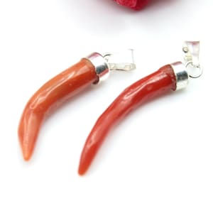 Mediterranean Coral Horns,  Deep Red Coral Horns, Sterling Silver 925, Horns Pendant, Natural Coral Pendant, Handmade Pendant, 2 Pieces Horn