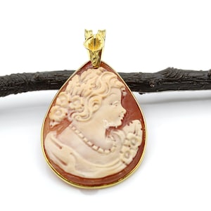 Gold Plated Cameo Pendant, Sterling Silver 925, Hand Carved Shell Pendant, Antique Pendant Italian Jewellery, Carved Art, Gift