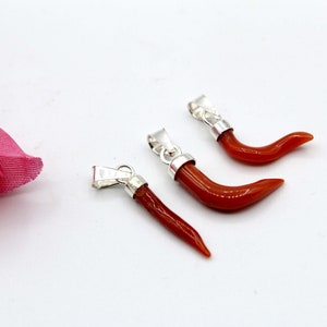 3 Pieces Red Coral Horns, Mediterranean Coral Horns, Sterling Silver 925, Horns Pendant,Natural Coral Pendant, Birthstone Penbdant Gift