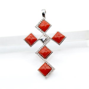 Cross Pendant, Mediterranean Coral Pendant, Sterling Silver 925, Zircon Pendant, Red Coral Pendant, Handmade Pendant, Birthstone, Gift