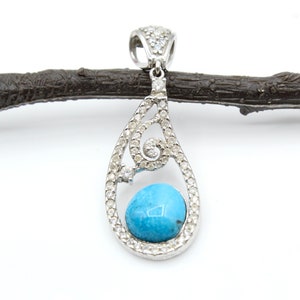 Natural Arizona Turquoise Pendant, Zircon Pendant, Sterling Silver 925, Leaf Shape Pendant, December Birthstone, Handmade Pendant, Gift