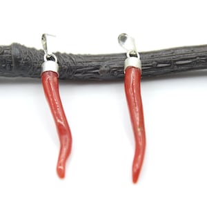 2 Pieces Deep Red Coral Horns, Sterling Silver 925, Horns Pendant, Mediterranean Coral Horns, Natural Coral Pendant, Italian Coral, Gift
