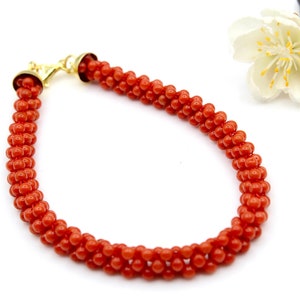 Natural Red Coral Bracelet, Maditerranean Coral Round Beads Bracelet, Gold Plated Sterling silver 925 Handmade Bracelet, Birthstone Gift