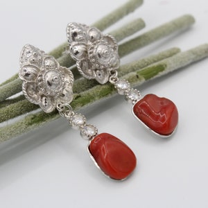 Sterling Silver 925 Earrings, Red Coral Earrings, Zircon Earrings, Dangle Earrings, Handmade Earrings Natural Coral Not Dyed Made in italy