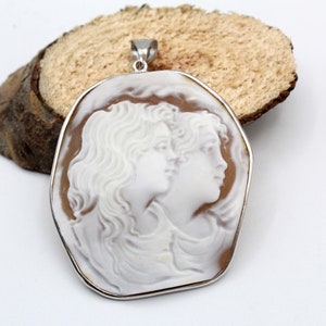 Double Face Hand Craved Cameo Pendant, Silver Pendant, Hand Carved Shell Pendant, Antique Pendant , Italian Jewelery, Carved Art Gift Women
