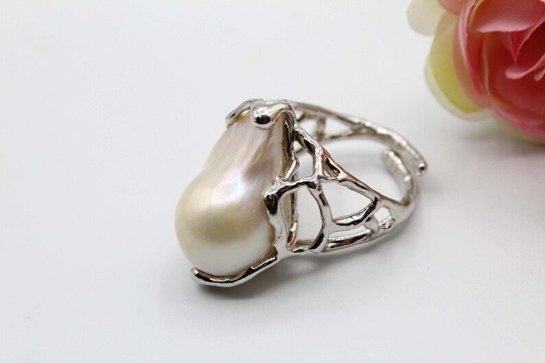 Adjustable Ring Handmade Ring Freshwater pearl Ring High Quality Ring Sterling Silver 925 Cultured Pearl Ring White Baroque Pearl Ring