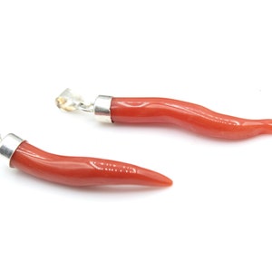 2 pieces Horns, Mediterranean Coral, Silver 925, Handmade pendant, Natural Coral, Birthstone Gift, Made in italy,