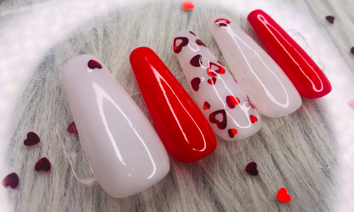 Milky Hearts Valentine Press on Nail Heart Nails Red Nails | Etsy
