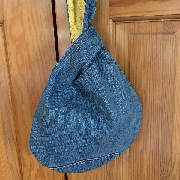 Japanese Knot Bag - Blue denim with yellow fruit cotton lining