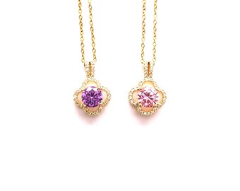 Necklaces - Zircon Clover Necklaces Purple and Pink
