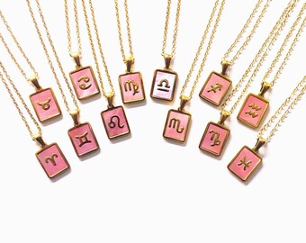 Necklaces - Zodiac Pink Rune Square Pendant Necklace