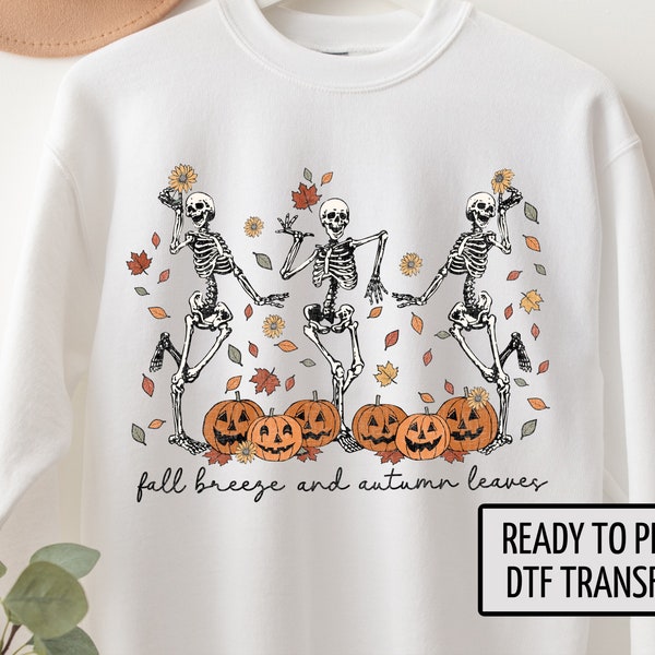 Fall Skeletons, Fall Breeze Autumn Leaves, DTF Transfers, Ready to Press, T-shirt Transfers, Heat Transfer, Fall Direct to Film