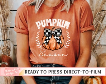 Pumpkin Season DTF Transfer Ready to Press, T-shirt Transfers, Heat Transfer, Fall Direct to Film, Fall DTF Transfers, Checkered Bow, Autumn