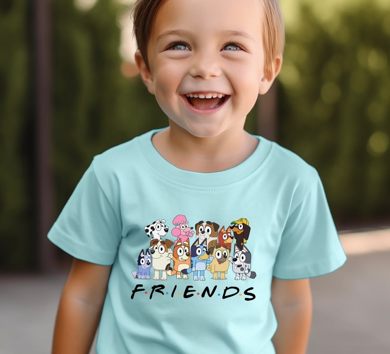 May include: A light blue t-shirt featuring a graphic of cartoon dogs from the show "PAW Patrol". The text "F.R.I.E.N.D.S" is printed below the graphic.
