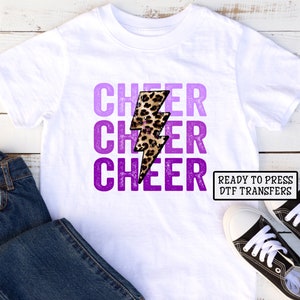 Cheer DTF Transfers, Ready to Press, T-shirt Transfers, Heat Transfer, Direct to Film, Cheerleading Leopard Lightning Purple Cheer Stacked