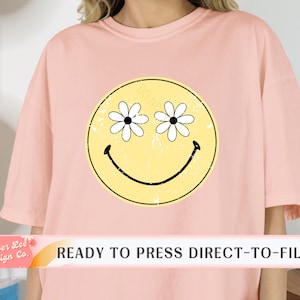 Yellow Distressed Smiley Face DTF Transfers, Ready to Press, T-shirt Transfers, Heat Transfer, Direct to Film Smiley, Retro Daisy Flowers
