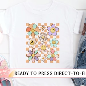 Flower Smiley Face DTF Transfers, Ready to Press, T-shirt Transfers, Heat Transfer, Direct to Film Smiley, Retro Hippie Daisy, Checkered