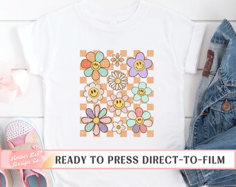 Flower Smiley Face DTF Transfers, Ready to Press, T-shirt Transfers, Heat Transfer, Direct to Film Smiley, Retro Hippie Daisy, Checkered