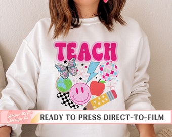 Teacher DTF Transfers, Ready to Press, T-shirt Transfers, Heat Transfer, Teacher Direct to Film, Pink Retro Teach Collage, Back to School