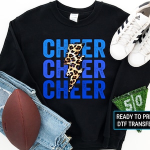 Cheer DTF Transfers, Ready to Press, T-shirt Transfers, Heat Transfer, Direct to Film, Cheerleading Leopard Lightning Bolt, Blue Cheer Stack