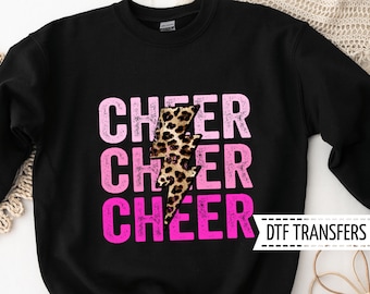 Cheer DTF Transfers, Ready to Press, T-shirt Transfers, Heat Transfer, Direct to Film, Cheerleading Leopard Lightning Bolt, Pink Cheer Stack