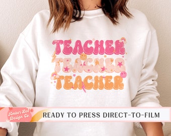 Teacher DTF Transfers, Ready to Press, T-shirt Transfers, Heat Transfer, Teacher Direct to Film, Retro Teacher DTF Transfers, Pink Orange