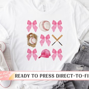 Transferencia DTF de béisbol, Listo para imprimir, Transferencias de camisetas, Transferencia de calor, Directo a la película, Arcos de béisbol, Coqueta, Lazos rosas, Mamá de béisbol
