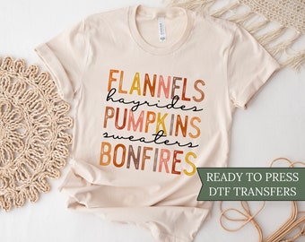 DTF Transfers, Ready to Press, T-shirt Transfers, Heat Transfer, Direct to Film, Fall DTF Transfers, Flannels Pumpkins Bonfires, Prints