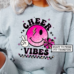 Cheer Vibes Pink Smiley Face DTF Transfers, Ready to Press, T-shirt Transfers, Heat Transfer, Direct to Film, Cheerleading, Checkered Pink