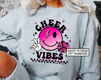 Cheer Vibes Pink Smiley Face DTF Transfers, Ready to Press, T-shirt Transfers, Heat Transfer, Direct to Film, Cheerleading, Checkered Pink