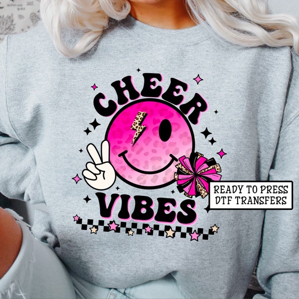 Cheer Vibes Pink Smiley Face DTF Transfers, Ready to Press, T-shirt Transfers, Heat Transfer, Direct to Film, Cheerleading, Checkered Pink