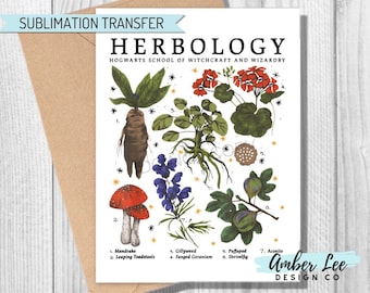 May include: A sublimation transfer design featuring a white background with illustrations of various plants and the text "HERBOLOGY HOGWARTS SCHOOL OF WITCHCRAFT AND WIZARDRY". The plants are labelled with numbers and names, including Mandrake, Leaping Toadstools, Gillyweed, Fanged Geranium, Puffapod, Shrivelig, and Aconite.