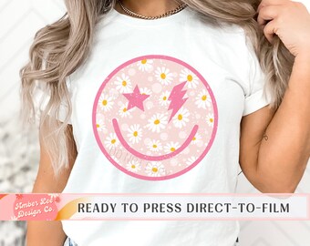 Pink Daisy Smiley Face DTF Transfers, Ready to Press, T-shirt Transfers, Heat Transfer, Direct to Film Smiley, Pink Daisies Lightning Bolt