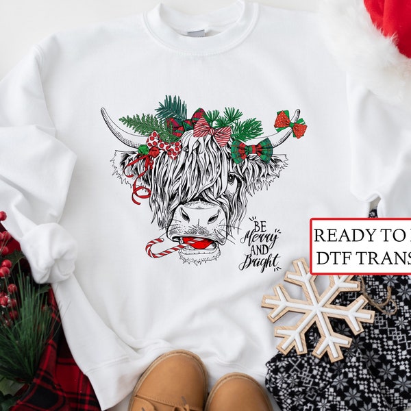 Christmas Cow DTF Transfers, Ready to Press, T-shirt Transfers, Heat Transfer, Direct to Film, Western Christmas, Country, Merry and Bright