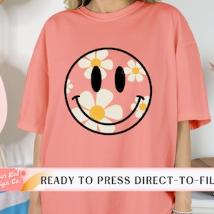 Smiley Face DTF Transfers, Ready to Press, T-shirt Transfers, Heat Transfer, Direct to Film Smiley, Retro Hippie Daisy Flowers, Summer