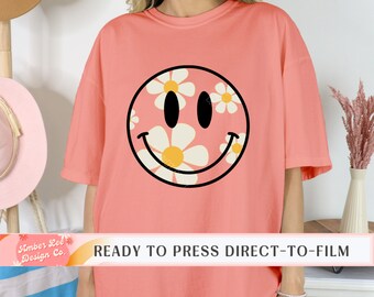 Smiley Face DTF Transfers, Ready to Press, T-shirt Transfers, Heat Transfer, Direct to Film Smiley, Retro Hippie Daisy Flowers, Summer