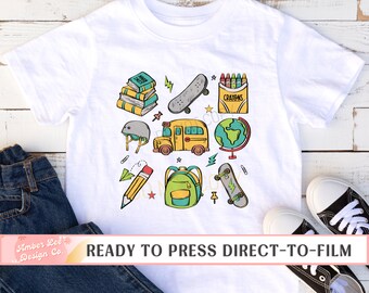 Back to School DTF Transfers, Ready to Press, T-shirt Transfers, Heat Transfer, Teacher Direct to Film, Teacher, Bus, Skateboard, Crayon