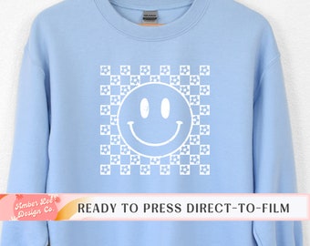 DTF Transfers, Ready to Press, T-shirt Transfers, Heat Transfer, Direct to Film, White Checkered Smiley Face Flowers, Retro Distressed Boho