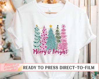 Pink Christmas DTF Transfers, Ready to Press, T-shirt Transfers, Heat Transfer, Direct to Film, Merry and Bright Pink Trees, for Girls