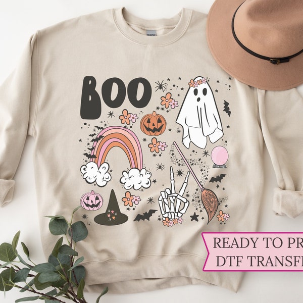 DTF Transfers, Ready to Press, T-shirt Transfers, Heat Transfer, Direct to Film, Fall DTF Transfers, Halloween Boo Ghost Retro Pink
