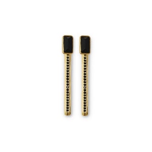 May include: A pair of gold earrings with black rectangular stones and black pave detailing.